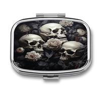Petite boîte à pilules noire et blanche avec motif fleurs et tête de mort pour sac à main, essentiels de voyage, pilulier en métal, 2 compartiments, conteneur de médicaments compact portable pour