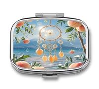Petite boîte à pilules Peach Dream Catcher pour sac à main, pilulier en métal, 2 compartiments, conteneur de médicaments compact portable pour vitamines, huiles de poisson