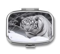 Petite boîte à pilules portable à 2 compartiments avec motif tigre blanc dans la neige pour poche ou sac à main Pilulier en métal Organiseur de vitamines