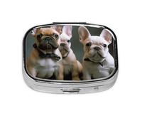 Petite boîte à pilules portable à 2 compartiments en métal pour vitamines - Adorable bouledogue français - Pilulier de voyage pour sac à main