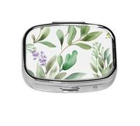 Petite boîte à pilules portable à 2 compartiments en métal pour vitamines, fleur verte, aquarelle, herbes, feuilles de sauge, feuilles et branches, pilulier de voyage pour sac à main