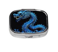 Petite boîte à pilules portable à 2 compartiments en métal pour vitamines - Joli dragon chinois - Pilulier de voyage pour sac à main - Bleu