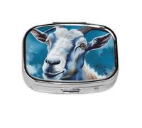 Petite boîte à pilules portable à 2 compartiments en métal pour vitamines - Joli imprimé chèvre bleue - Pilulier de voyage pour sac à main