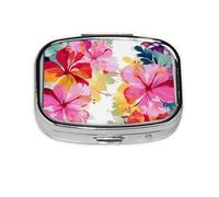 Petite boîte à pilules portable à 2 compartiments en métal pour vitamines - Joli imprimé floral hawaïen - Pilulier de voyage pour sac à main