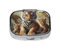 Petite boîte à pilules portable à 2 compartiments en métal pour vitamines - Joli motif tigre de la jungle - Pour sac à main