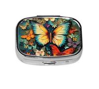 Petite boîte à pilules portable à 2 compartiments en métal pour vitamines - Joli papillon coloré - Peintures brodées - Pilulier de voyage pour sac à main