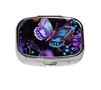 Petite boîte à pilules portable à 2 compartiments en métal pour vitamines - Joli papillon violet et fleurs - Pilulier de voyage pour sac à main