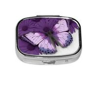 Petite boîte à pilules portable à 2 compartiments en métal pour vitamines - Joli papillon violet - Pilulier de voyage pour sac à main