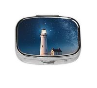 Petite boîte à pilules portable à 2 compartiments en métal pour vitamines - Joli phare sous le ciel étoilé - Pilulier de voyage pour sac à main