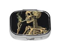 Petite boîte à pilules portable à 2 compartiments en métal pour vitamines - Joli squelette avec cigarette brûlée - Pilulier de voyage pour sac à main