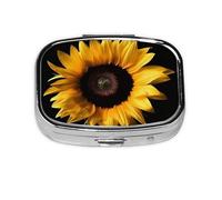 Petite boîte à pilules portable à 2 compartiments en métal pour vitamines - Joli tournesol sur fond noir - Pilulier de voyage pour sac à main
