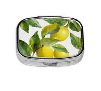 Petite boîte à pilules portable à 2 compartiments en métal pour vitamines, jolie branche de citron, feuilles, pilulier de voyage pour sac à main