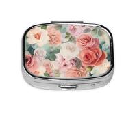 Petite boîte à pilules portable à 2 compartiments en métal pour vitamines - Jolie couleur douce - Mélange de roses délavées - Pilulier de voyage pour sac à main