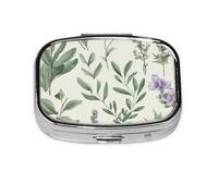 Petite boîte à pilules portable à 2 compartiments en métal pour vitamines - Jolie fleur verte, herbes, feuilles de sauge, feuilles et branches - Pilulier de voyage pour sac à main