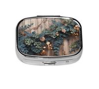 Petite boîte à pilules portable à 2 compartiments en métal pour vitamines - Motif feuilles mignonnes et fleurs sur bois rustique - Pilulier de voyage pour sac à main