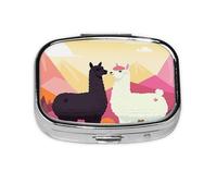 Petite boîte à pilules portable à 2 compartiments en métal pour vitamines - Organisateur de médicaments mignons en alpagas amoureux dans les montagnes - Pilulier de voyage pour sac à main