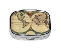 Petite boîte à pilules portable à 2 compartiments en métal pour vitamines, organisateur de pilules mignon carte du monde rétro pour sac à main poche