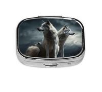Petite boîte à pilules portable à 2 compartiments en métal pour vitamines - Organisateur de voyage mignon en forme de loup à la tombée de la nuit - Pilulier de voyage pour sac à main