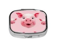 Petite boîte à pilules portable à 2 compartiments en métal pour vitamines - Organisateur mignon et amusant - Visage de cochon rose - Pilulier de voyage pour sac à main