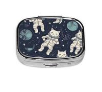 Petite boîte à pilules portable à 2 compartiments en métal pour vitamines - Organisateur mignon et amusant - Chat astronaute - Pilulier de voyage pour sac à main