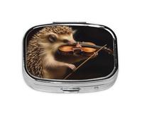 Petite boîte à pilules portable à 2 compartiments en métal pour vitamines - Organisateur mignon - Hérisson - Musique - Violon - Pilulier de voyage pour sac à main