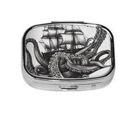 Petite boîte à pilules portable à 2 compartiments en métal pour vitamines - Organisateur mignon noir et blanc - Pieuvre et bateau - Pilulier de voyage pour sac à main
