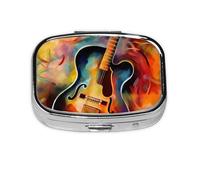 Petite boîte à pilules portable à 2 compartiments en métal pour vitamines, organiseur de pilules mignon abstrait aquarelle guitare, pilulier de voyage pour sac à main poche
