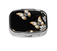 Petite boîte à pilules portable à 2 compartiments en métal pour vitamines, organiseur de pilules mignons, papillons blancs et dorés, noir, 1 pilulier de voyage pour sac à main