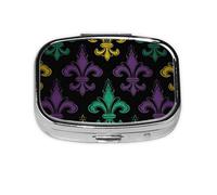 Petite boîte à pilules portable à 2 compartiments en métal pour vitamines, organiseur mignon 3D Fleur de Lis Mardi Gras pour sac à main