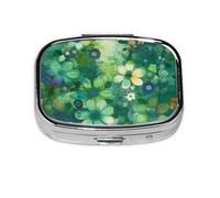 Petite boîte à pilules portable à 2 compartiments en métal pour vitamines, organiseur mignon abstrait saisonnier vert floral pour sac à main poche