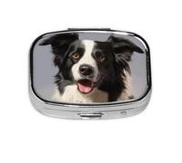 Petite boîte à pilules portable à 2 compartiments en métal pour vitamines, organiseur mignon Border Collie pour sac à main