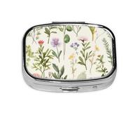 Petite boîte à pilules portable à 2 compartiments en métal pour vitamines, organiseur mignon saison, aquarelles, herbes, fleurs, pilulier de voyage pour sac à main