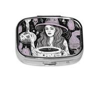 Petite boîte à pilules portable à 2 compartiments en métal pour vitamines - Organiseur mignon - Sorcière magique - Sorcellerie - Bohème - Pilulier de voyage pour sac à main