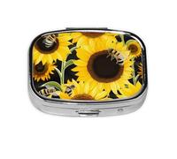 Petite boîte à pilules portable à 2 compartiments en métal pour vitamines, tournesol, abeilles, pilulier de voyage pour sac à main