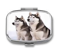 Petite boîte à pilules portable à 2 compartiments - Motif chiens husky - Pour poche ou sac à main - Pilulier en métal - Organiseur de vitamines