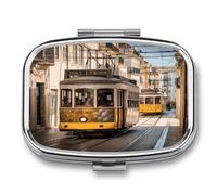 Petite boîte à pilules portable à 2 compartiments - Motif tramway de Lisbonne - Pour poche ou sac à main - Pilulier en métal - Organiseur de vitamines