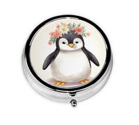 Petite boîte à pilules pour poche et sac à main, pilulier portable, organisateur de médicaments mignon, pingouin portant des fleurs, pilulier de voyage pour vitamines et huiles de poisson