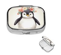Petite boîte à pilules pour poche et sac à main, pilulier portable, organisateur de médicaments mignon, pingouin portant des fleurs, pilulier de voyage pour vitamines et huiles de poisson