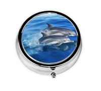 Petite boîte à pilules pour sac à main, 3 compartiments, motif famille de dauphins, organisateur de pilules rond en métal, joli pilulier de voyage, boîte à pilules