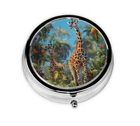 Petite boîte à pilules ronde en métal à 3 compartiments - Motif girafe de la jungle - Portable - Mini pilulier de voyage pour médicaments quotidiens - Complément alimentaire et vitamine