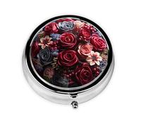 Petite boîte à pilules ronde en métal avec motif floral Happy Valentine's Day - 3 compartiments - Mini pilulier portable de voyage pour médicaments quotidiens - Complément alimentaire et vitamine