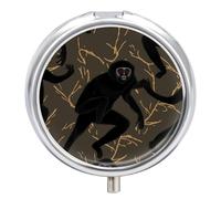 Petite boîte à pilules ronde étanche - Portable - Noir - Imprimé singe Gibbon - Étui de voyage pour vitamines, sac à main ou poche