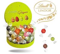 Petite boîte ronde garnie d'un assortiment de 40 chocolats Lindor | Parfait pour offrir ou décorer la table de Pâques