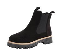 Petite Bottines pour femme en daim mi-hauteur Chelsea hiver talon bloc jours de pluie travail au-dessus du genou extensible, Noir , 37 EU