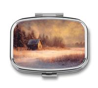 Petite cabane en bois dans une prairie enneigée - Boîte à pilules vintage à 2 compartiments - Portable - Pilulier de voyage pour sac à main