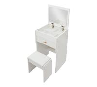Petite coiffeuse avec tabouret, coiffeuse avec miroir pliant | Commode de maquillage avec tiroir et compartiments, max. 90 kg, utilisable comme table de chevet, idéal pour les petites