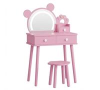 Petite Coiffeuse enfant avec tabouret et Miroir LED,3 Luminosité Réglable,2-en-1 Table De Maquillage en bois avec 3 tiroirs,Ensemble Bureau de coiffeuse enfant scandinave pour Chambre,Dressing(Rose)