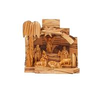 Petite crèche de Noël Bethléem avec toit en écorce - Crèche de Noël en bois d'olivier de Terre Sainte avec verre rempli de pierres de Jérusalem - Unique