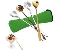 Petite Cuillère à Dessert, Cuillères à Long Manche Cuillères en Forme de Coeur en Argent Doré à l'or en Acier Inoxydable pour la Crème Glacée au thé au Café 4pcs, avec Sac de Couverts 1pcs