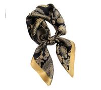 Petite écharpe carrée en soie de mûrier noire et dorée pour femme Motif fleur de cajou 70 cm, Noix de cajou noires et dorées, 70*70cm